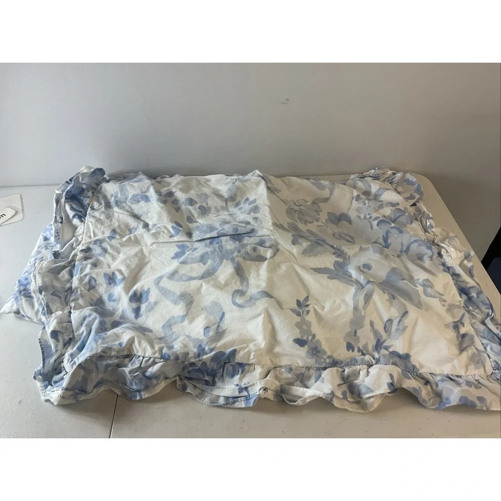 Pottery Barn LoveShackFancy Garden Damask‎ Organic Flat Sheet /case Twin XL Blue